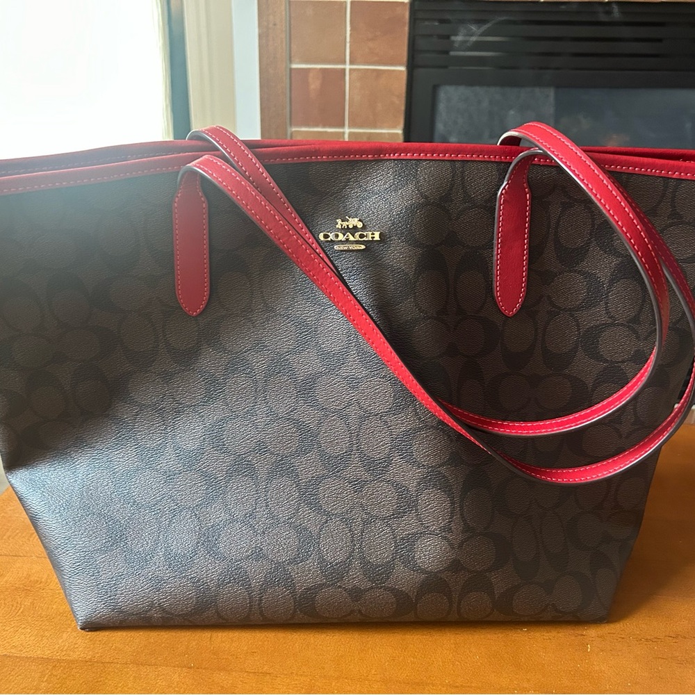 Coach Signature Brown Tote with Red Accents